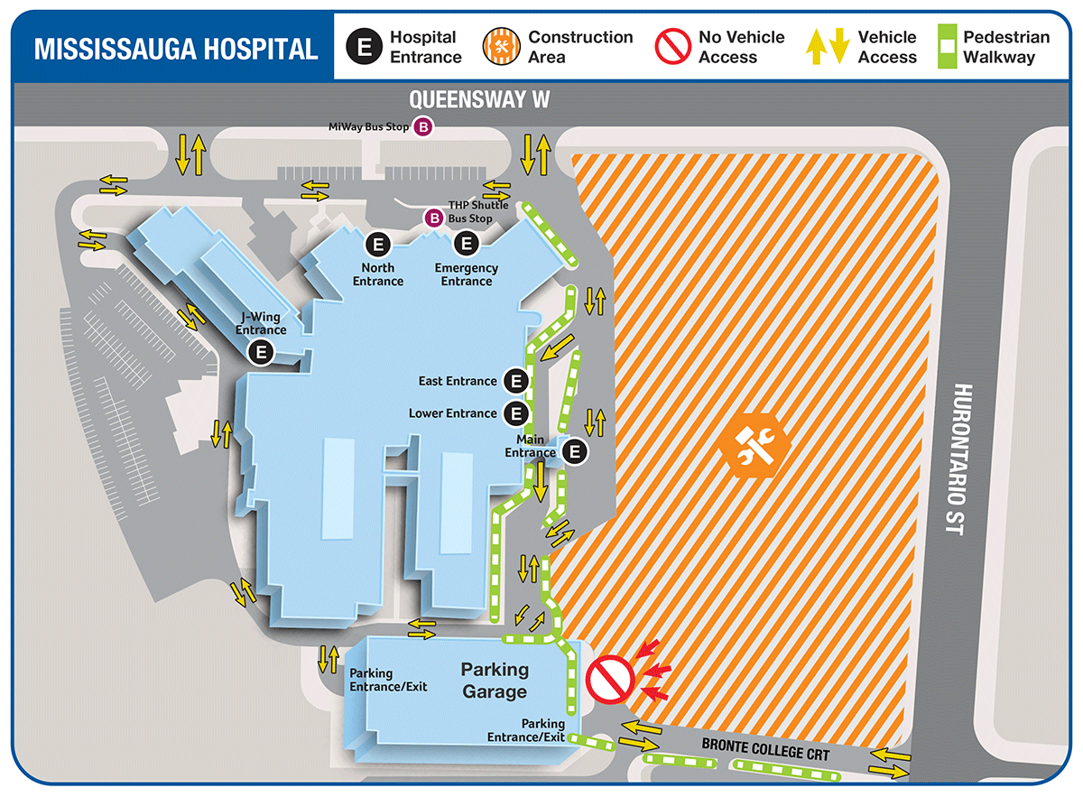 Construction is underway on large area of Mississauga Hospital grounds, close to Queensway and Hurontario South-West corner. Parking garage is on the South end of the Hospital, and can be accessed via Bronte College Court or Queensway West. Please note: From Bronte College Court, access to the parking garage only. Another smaller surface parking lot is on the West side of the hospital.